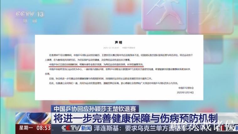 中国乒协:将进一步完善运动员健康保障与伤病预防机制 中国乒协:将进一步完善运动员健康保障与伤病预防机制